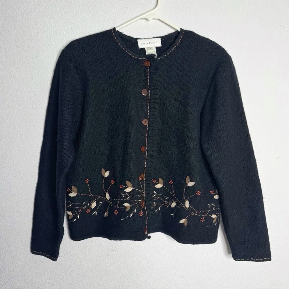 Susan Bristol vintage hand embroidered black leaf wool cardigan medium